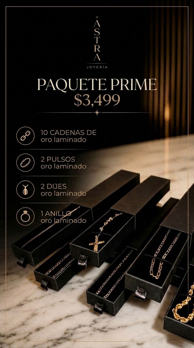 Paquete Prime Astra Joyería — 10 cadenas, 2 pulsos, 2 dijes, 1 anillo